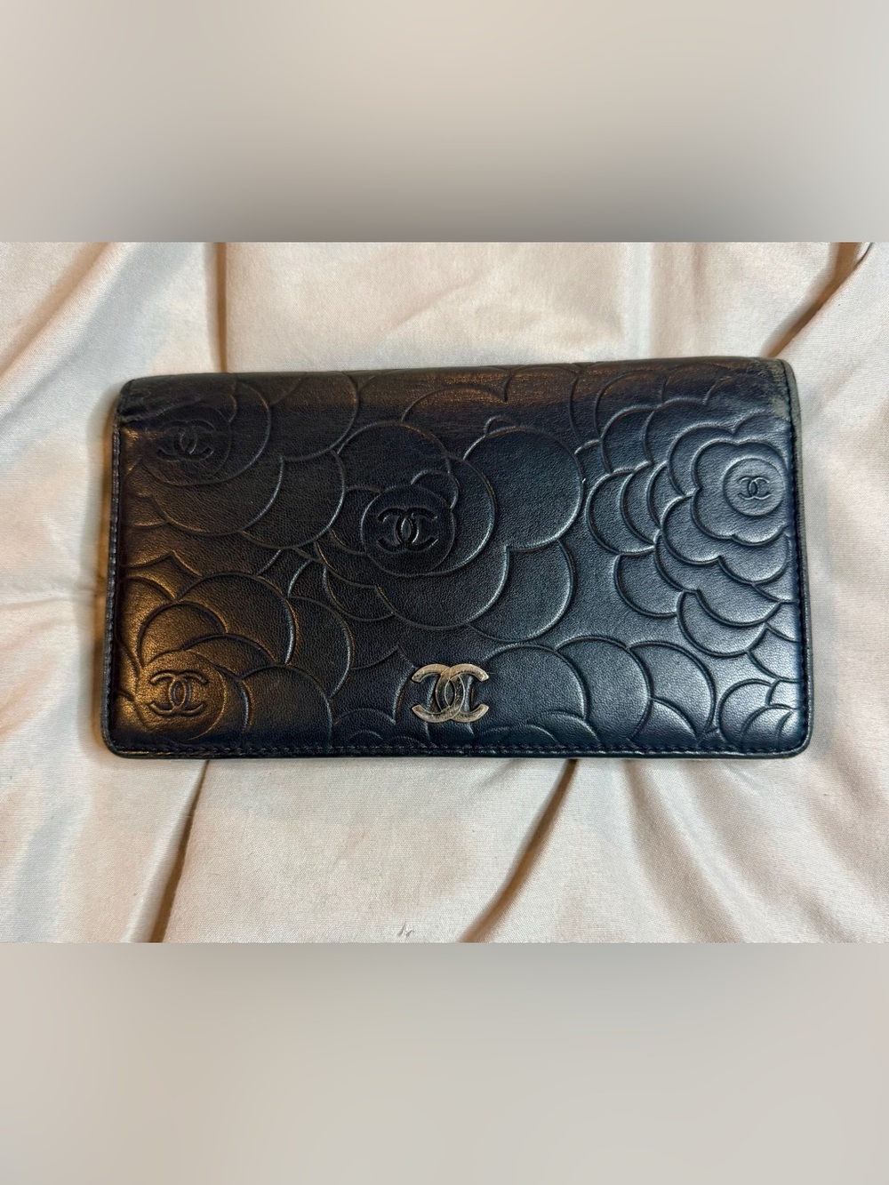 Chanel Camellia Embossed Black Leather Long Wallet + COA & Chain